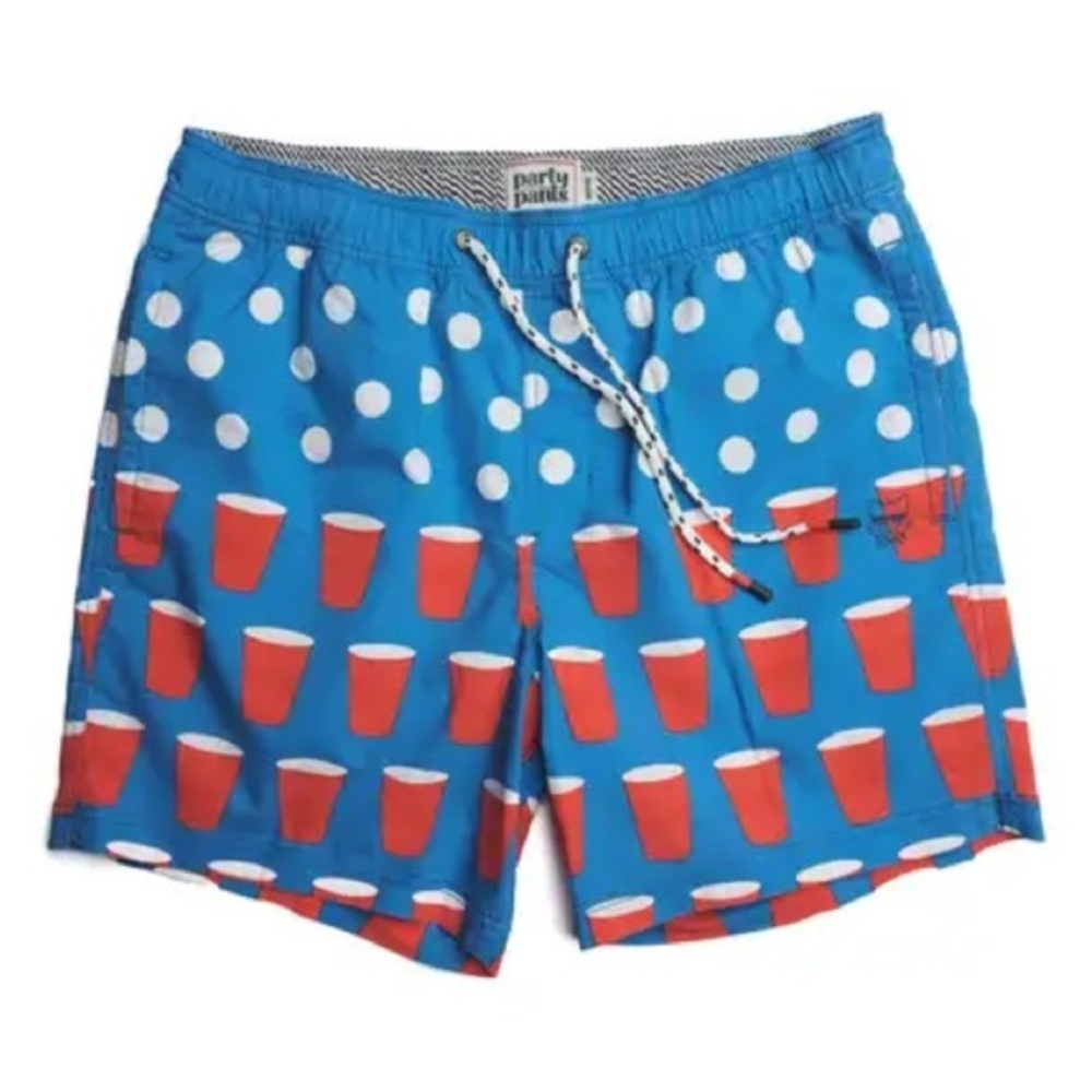 🆕Party Pants Red Solo Cup Swim Trunks::Patriotic Red White Blue:: NWT::SMALL - Picture 1 of 4
